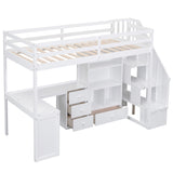 Twin Size Loft Bed with L-Shaped Desk and Drawers, Cabinet and Storage Staircase, White - Home Elegance USA