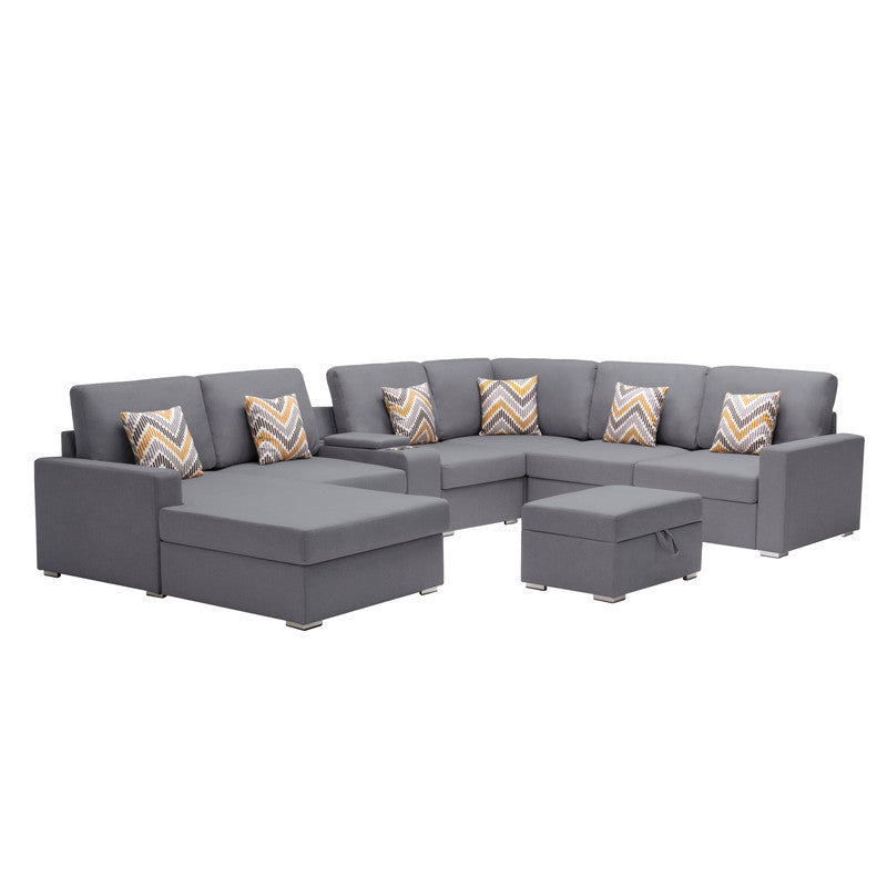 Nolan Gray Linen Fabric 8Pc Reversible Chaise Sectional Sofa with Interchangeable Legs, Pillows, Storage Ottoman, and a USB, Charging Ports, Cupholders, Storage Console Table - Home Elegance USA