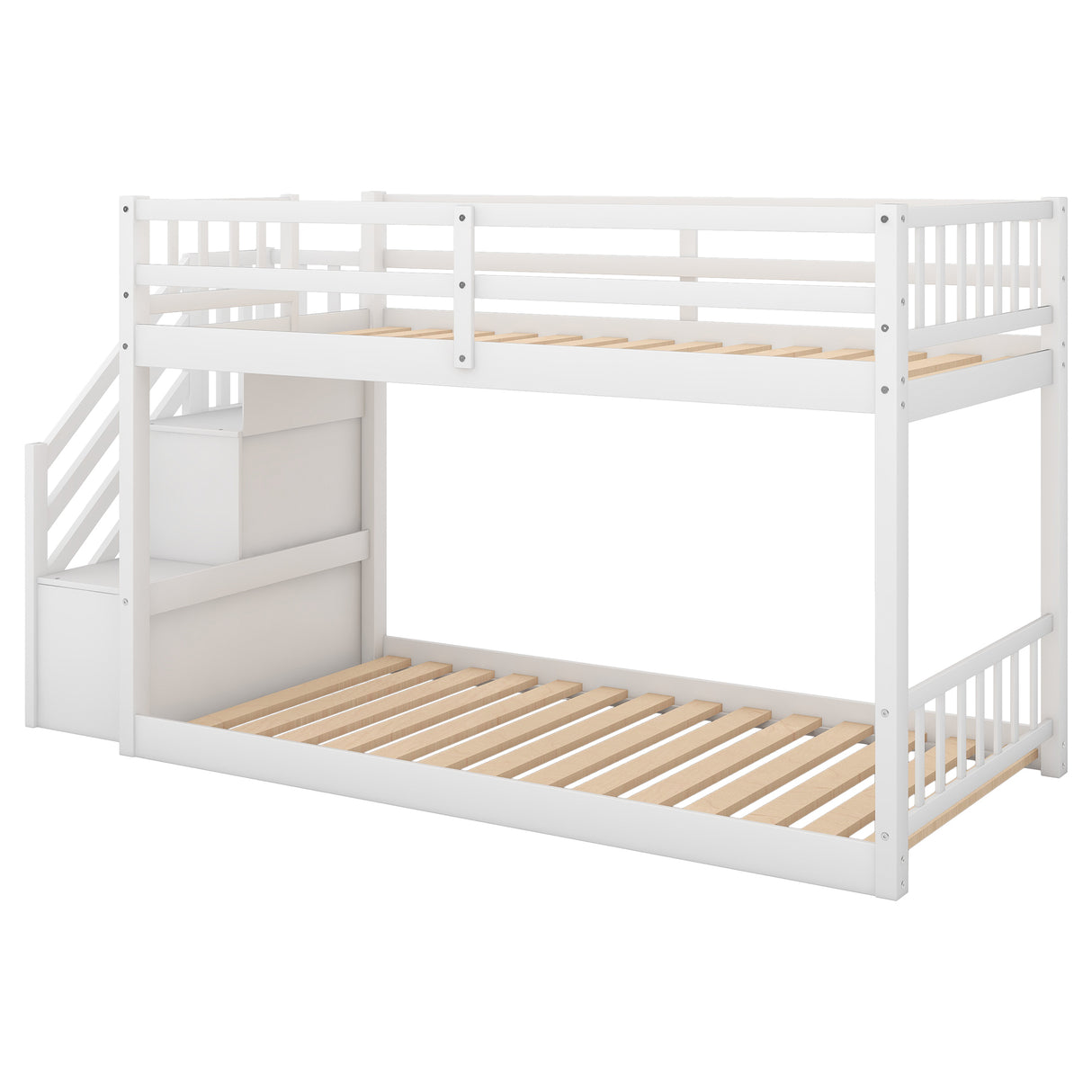 Twin over Twin Floor Bunk Bed, Ladder with Storage, White - Home Elegance USA