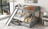 Twin over Full Size Upholstery Bunk Bed with Two Drawers and Slide,Convertible Slide and Ladder, Headboard and Footboard,Grey - Home Elegance USA