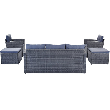 GO 6-piece All-Weather Wicker PE rattan Patio Outdoor Dining Conversation Sectional Set with coffee table, wicker sofas, ottomans,  removable cushions (Dark grey wicker, Light grey cushion)