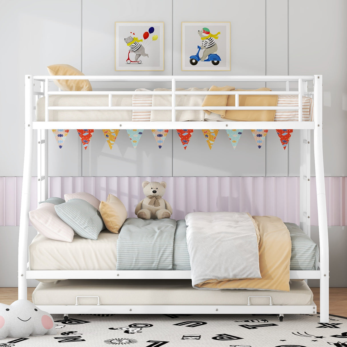 Twin over Full Bed with Sturdy Steel Frame, Bunk Bed with Twin Size Trundle, Two-Side Ladders, White - Home Elegance USA