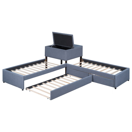 L-shaped Upholstered Platform Bed with Trundle and Two Drawers Linked with built-in Desk,Twin,Gray - Home Elegance USA