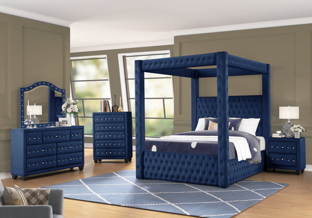 Monica luxurious Four-Poster King 4 Pc Bedroom Set Made with Wood in Navy - Home Elegance USA