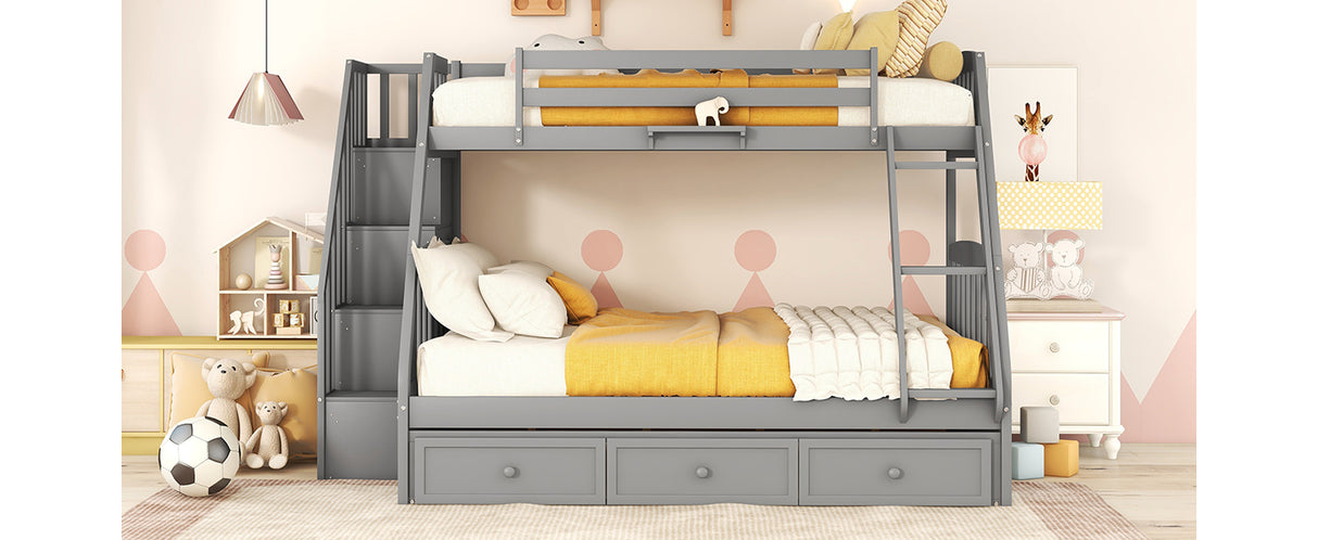 Twin-Over-Full Bunk Bed with Drawers，Ladder and Storage Staircase, Gray - Home Elegance USA