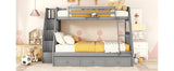 Twin-Over-Full Bunk Bed with Drawers，Ladder and Storage Staircase, Gray - Home Elegance USA