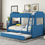 Twin over Full Upholstered Bunk Bed with Trundle and Ladder,Tufted Button Design,Blue - Home Elegance USA