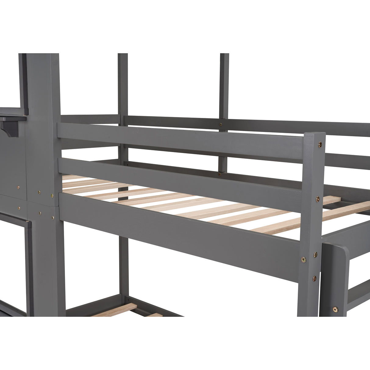 Twin Over Twin Bunk Bed Wood Bed with Roof, Window, Guardrail, Ladder (Gray) - Home Elegance USA