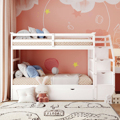 Twin-Over-Twin Bunk Bed with Twin Size Trundle and 3 Storage Stairs,White(OLD SKU :LP000064AAK)