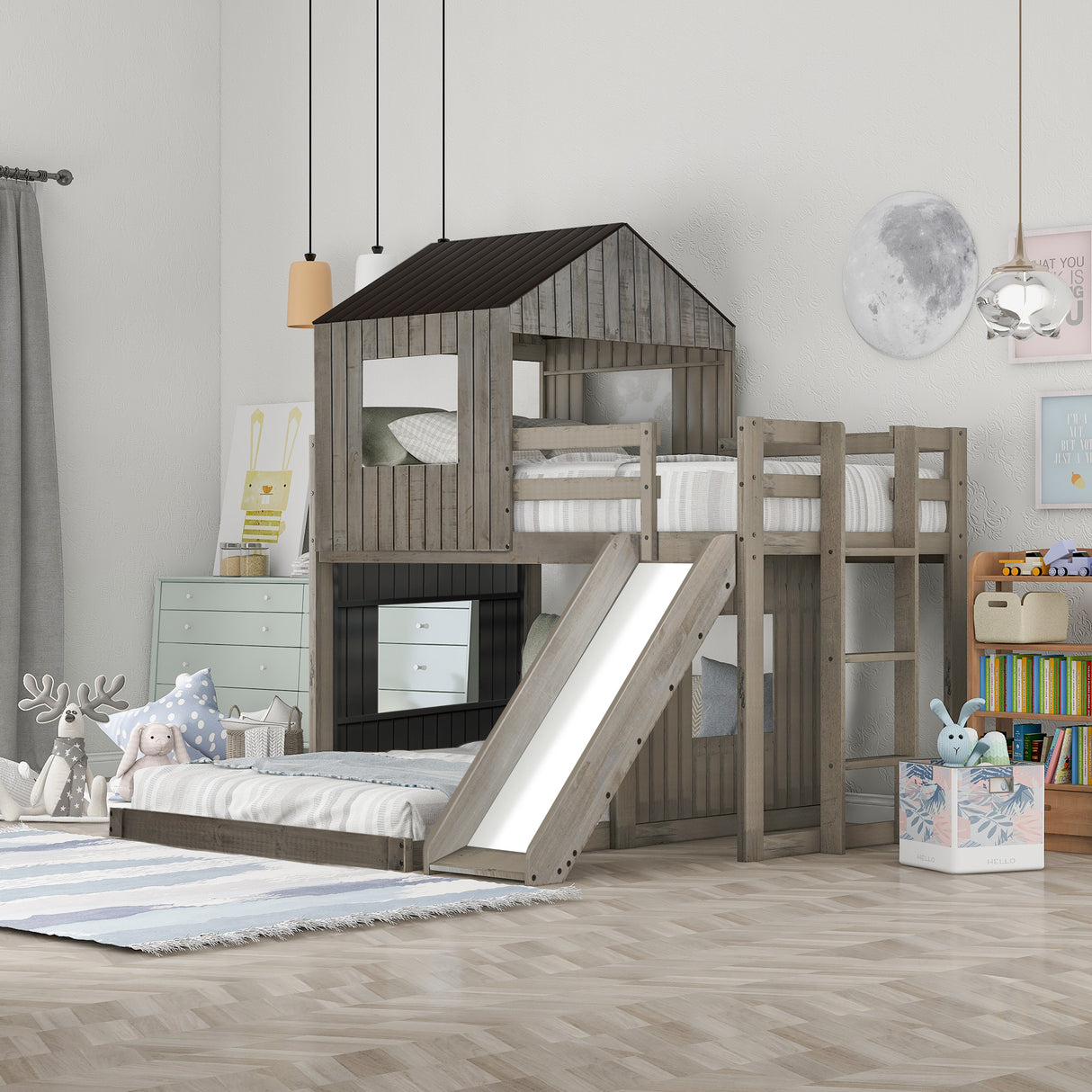 Wooden Twin Over Full Bunk Bed, Loft Bed with Playhouse, Farmhouse, Ladder, Slide and Guardrails, Antique Gray(OLD SKU :LT000028AAE) Home Elegance USA