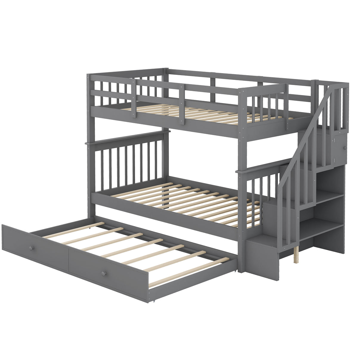 Stairway Twin-Over-Twin Bunk Bed with Twin size Trundle for Bedroom, Dorm, Adults, Gray( old sku: LP000209AAE ) - Home Elegance USA