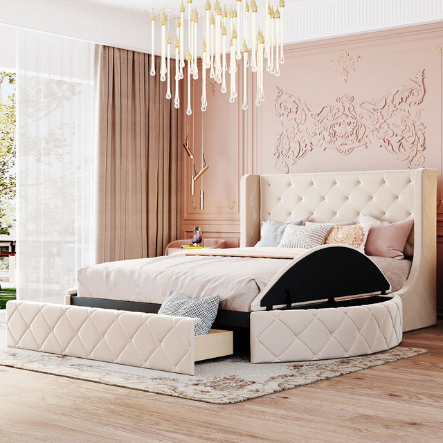 Upholstered Platform Bed Queen Size Storage Velvet Bed with Wingback Headboard and 1 Big Drawer,2 Side Storage Stool(Beige) - Home Elegance USA