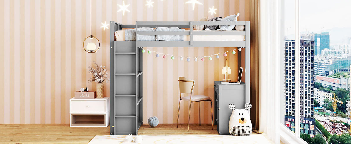 Twin Size Loft Bed with Ladder, Shelves, and Desk, Gray - Home Elegance USA