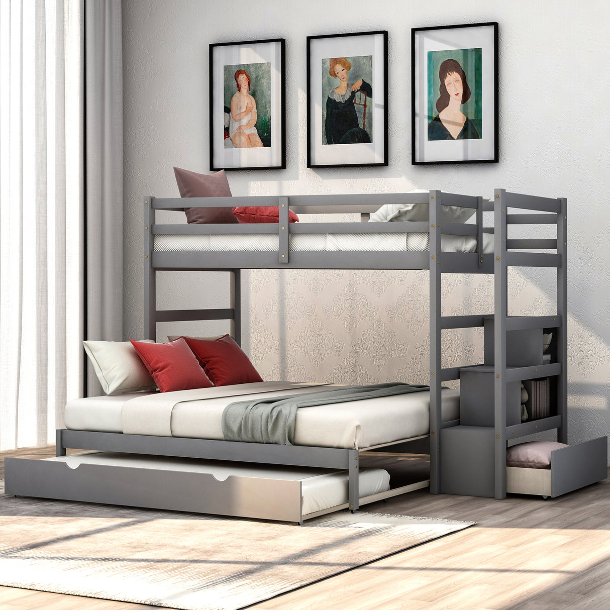 Twin over Twin/King (Irregular King Size) Bunk Bed with Twin Size Trundle, Extendable Bunk Bed   (Gray)(OLD SKU :LP000032AAE) - Home Elegance USA