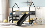 Twin Size Metal Bunk Bed House Bed with Slide and Staircase, Black