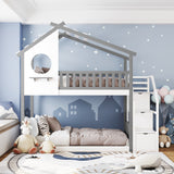 Stairway Twin-Over-Twin Bunk Bed,House Bed,Storage and Guard Rail,Gray Bed +White Stair - Home Elegance USA