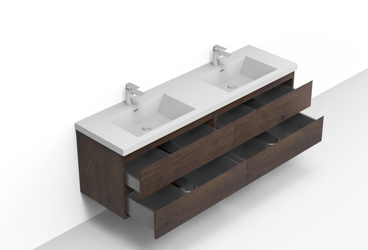 71'' Wall Mounted Double Bathroom Vanity in Rosewood With White Solid Surface Vanity Top