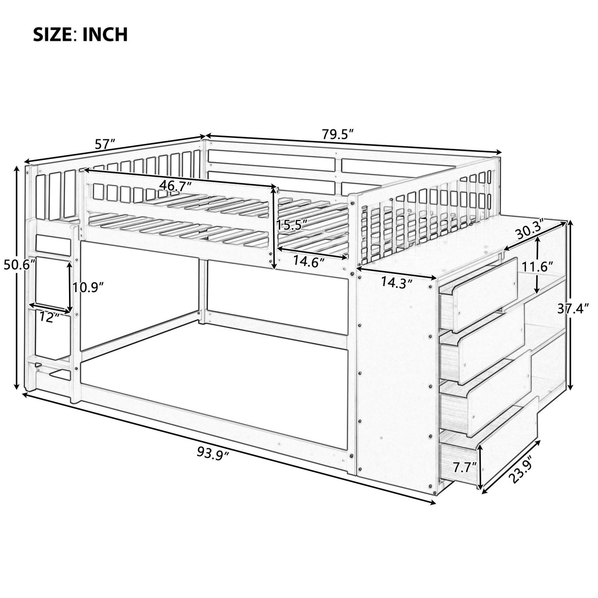 Full over Full Bunk Bed with 4 Drawers and 3 Shelves-Gray - Home Elegance USA