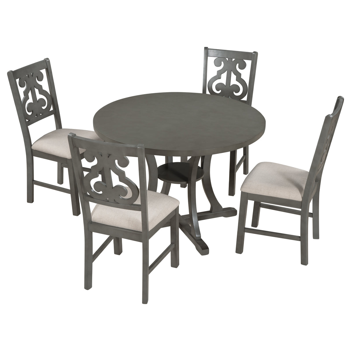 TREXM 5-Piece Round Dining Table and Chair Set with Special-shaped Legs and an Exquisitely Designed Hollow Chair Back for Dining Room (Gray) - Home Elegance USA