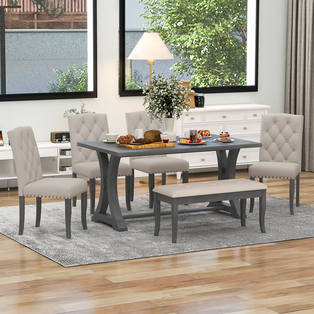TREXM 6-Piece Farmhouse Dining Table Set, Rectangular Trestle Table and 4 Upholstered Chairs & Bench for Dining Room (Antique Gray) - Home Elegance USA