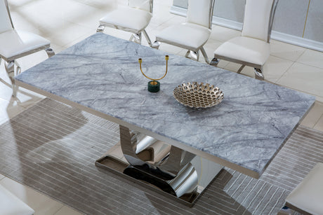 Modern Rectangular Marble Dining Table, 0.71" Thick Marble Top, U Shape Stainless Steel Base with Silver Mirrored Finish, Size:78"Lx39"Dx30"H(Not Including Chairs) - Home Elegance USA