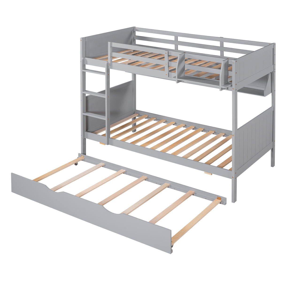 Twin-Over-Twin Bunk Bed with Twin size Trundle , Separable Bunk Bed with Bookshelf for Bedroom -Gray - Home Elegance USA