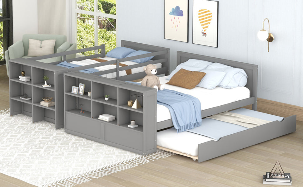 Twin over Full Bunk Bed with Trundle and Shelves, can be Separated into Three Separate Platform Beds, Gray - Home Elegance USA