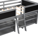 Twin Size Low Loft Bed with Two Movable Shelves and Ladder,with Decorative Guardrail Chalkboard,Gray - Home Elegance USA