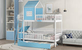 Twin over Twin Bunk Bed with Twin Size Trundle , Farmhouse Bed with Storage Box and Drawer - Blue - Home Elegance USA