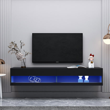 180 Wall Mounted Floating 80" TV Stand with 20 Color LEDs Black Home Elegance USA