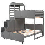 Stairway Twin Over Full Bunk Bed, House Bed with Two Shelves and Seven Drawers,Gray - Home Elegance USA