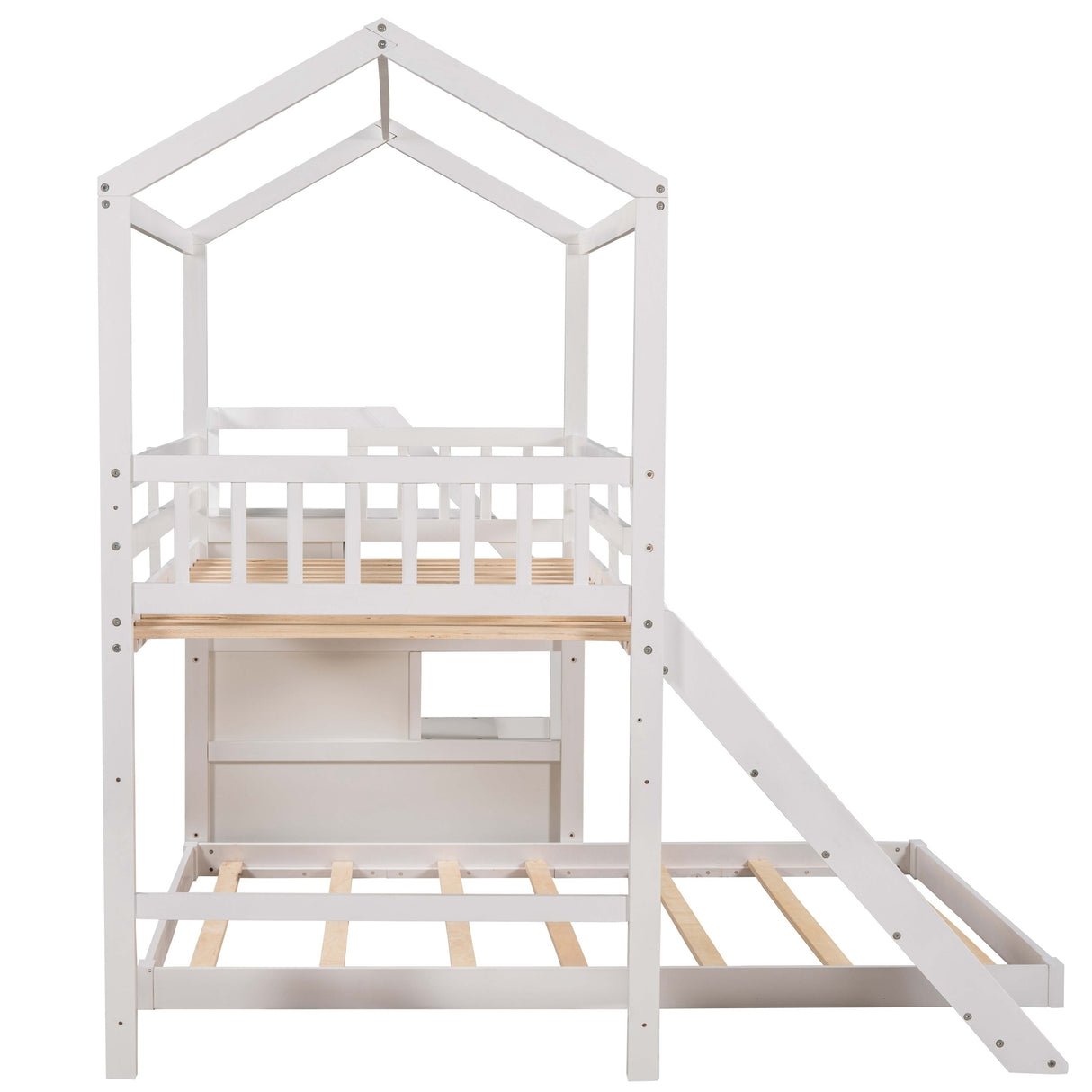 Twin over Full House Bunk Bed with Convertible Slide and Storage Staircase,Full-Length Guardrail,White - Home Elegance USA