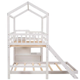 Twin over Full House Bunk Bed with Convertible Slide and Storage Staircase,Full-Length Guardrail,White - Home Elegance USA