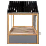 Twin Size House Shaped Canopy Bed with Black Roof and White Window,Blackboard and Little Shelf,Gray - Home Elegance USA