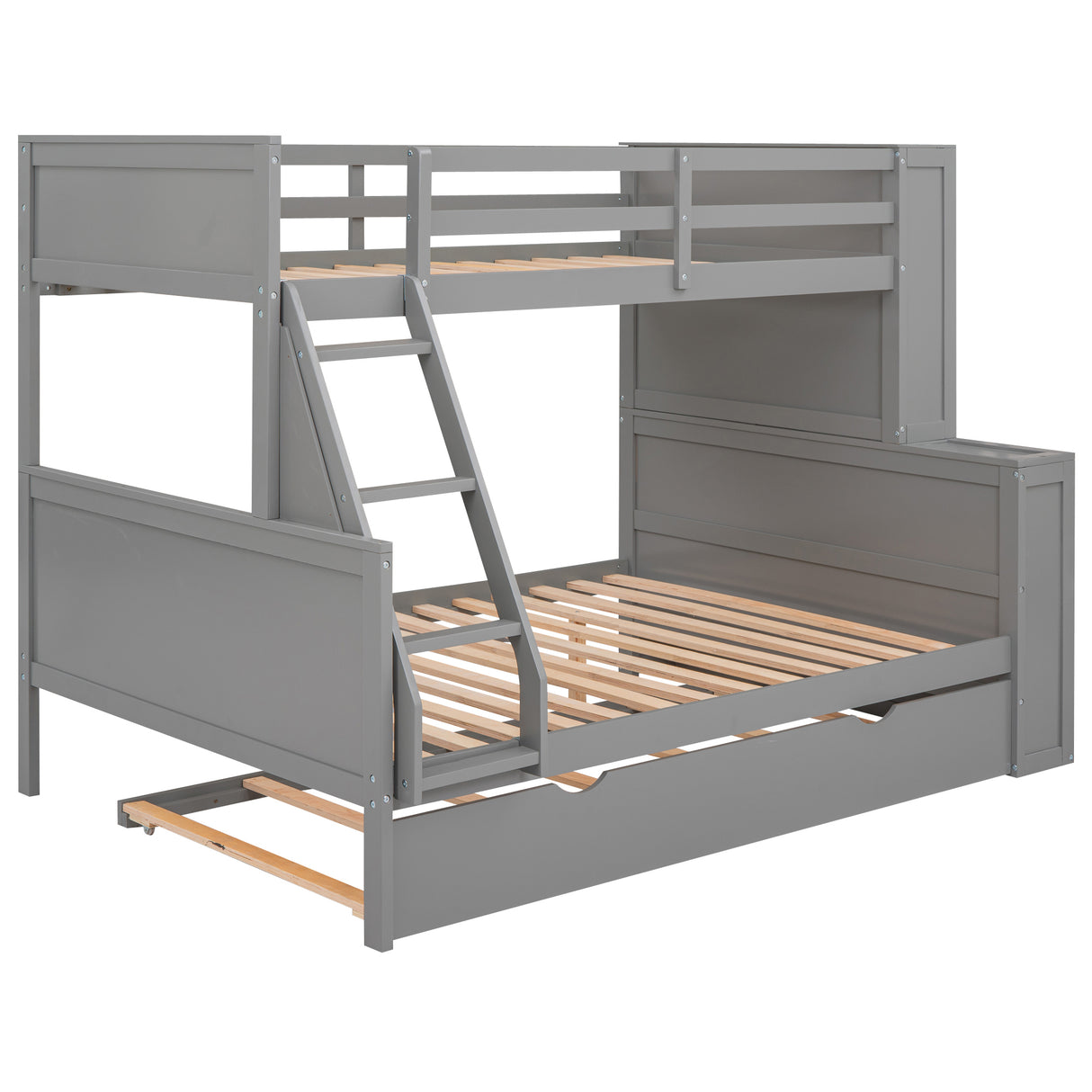 Twin over Full Bunk Bed with Trundle and Shelves, can be Separated into Three Separate Platform Beds, Gray - Home Elegance USA