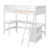 Twin size Loft Bed with Shelves and Desk, Wooden Loft Bed with Desk - White(OLD SKU:LT000537AAK) - Home Elegance USA