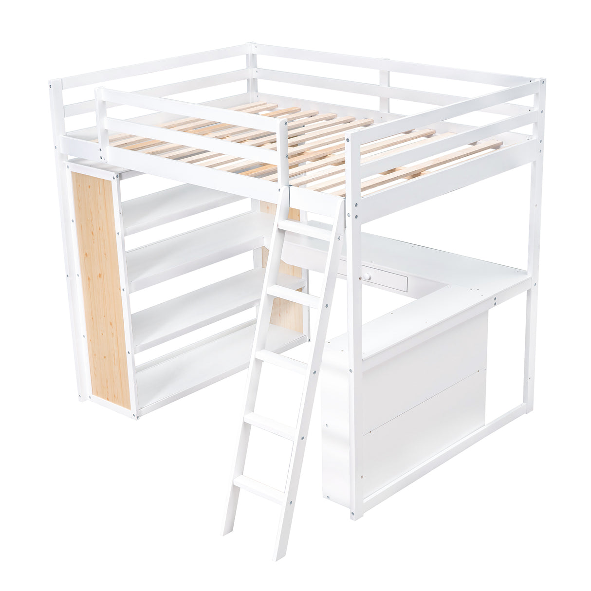 Full Size Loft Bed with Ladder, Shelves, and Desk, White - Home Elegance USA