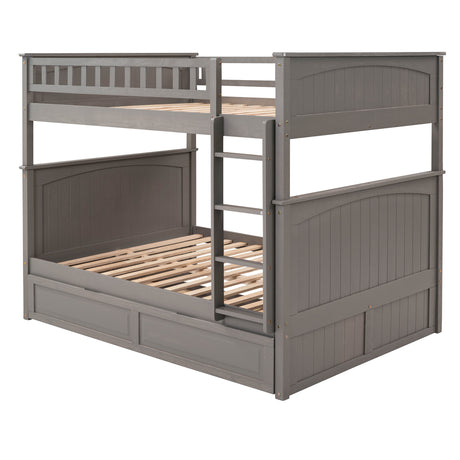 Full Over Full Bunk Bed with Twin Size Trundle, Pine Wood Bunk Bed with Guardrails, Brushed Gray(Old SKU：LP000044AAN)
