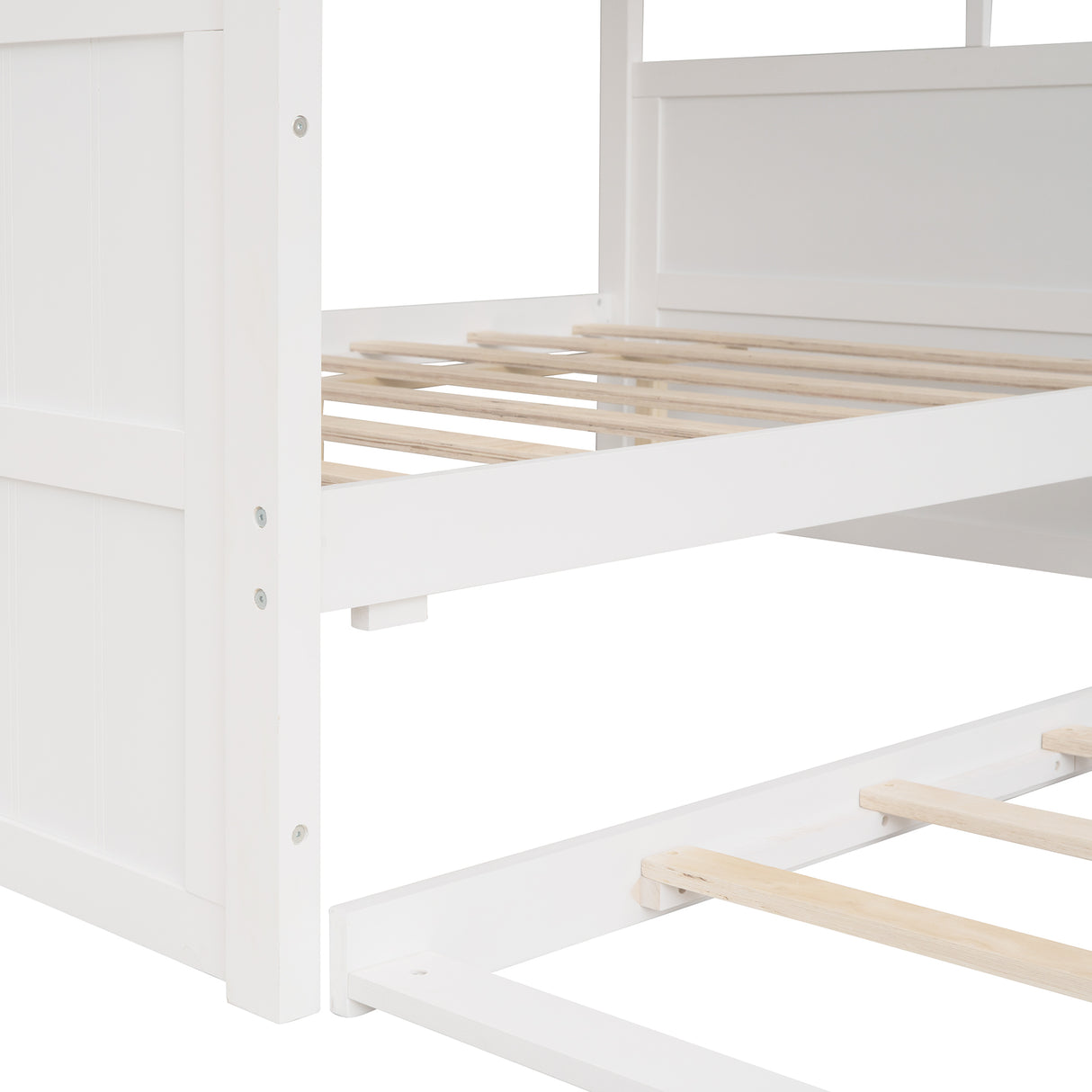 Full Size Wood House Bed With Twin Size Trundle, Wooden Daybed, White