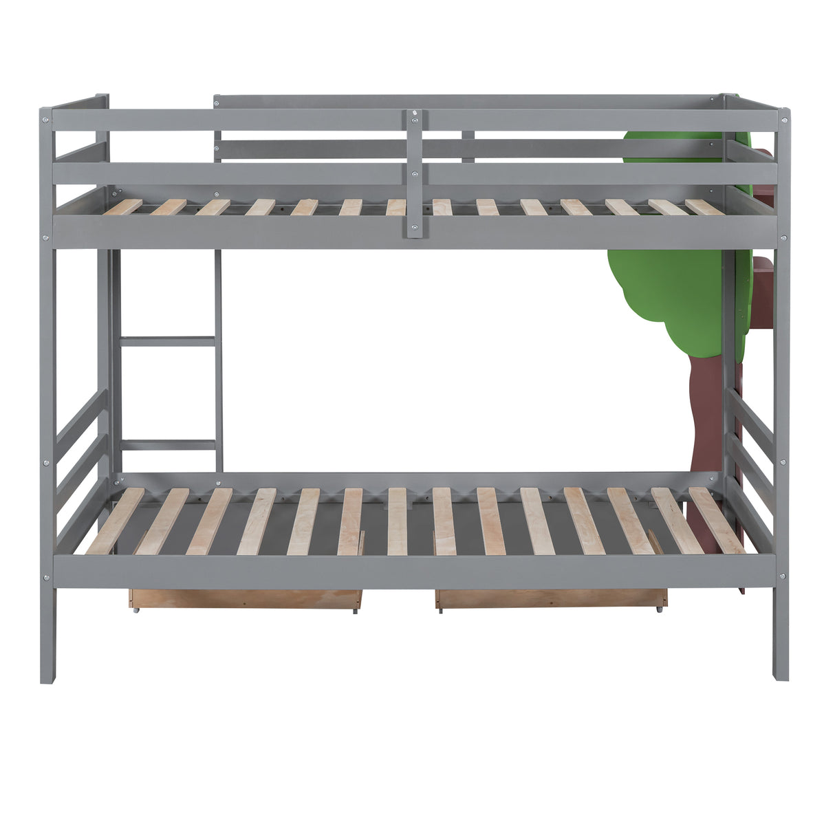 Twin-Over-Twin Bunk Bed with  a Tree Decor and Two Storage Drawers, Gray - Home Elegance USA