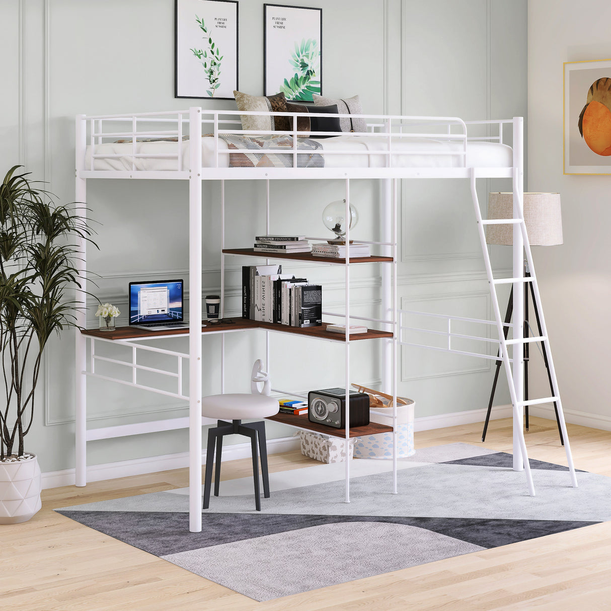 Twin Size Metal Loft Bed and Built-in Desk and Shelves,White（OLD SKU:WF280270AAK） - Home Elegance USA