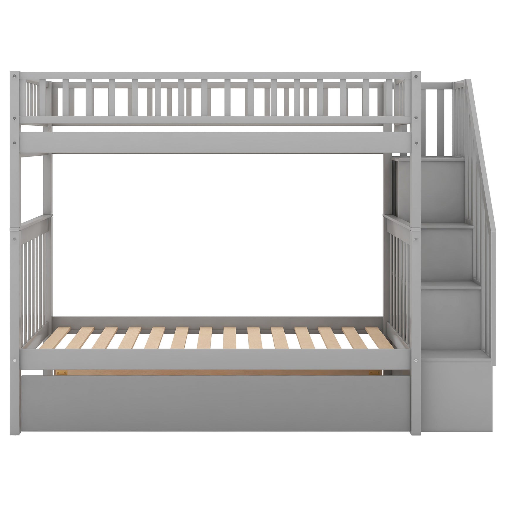 Twin over Twin Bunk Bed with Trundle and Storage, Gray - Home Elegance USA