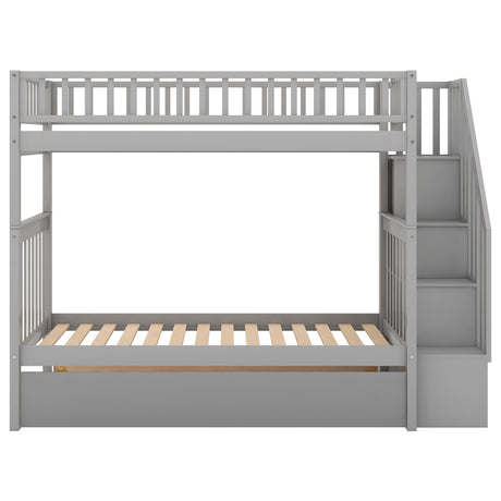 Twin over Twin Bunk Bed with Trundle and Storage, Gray