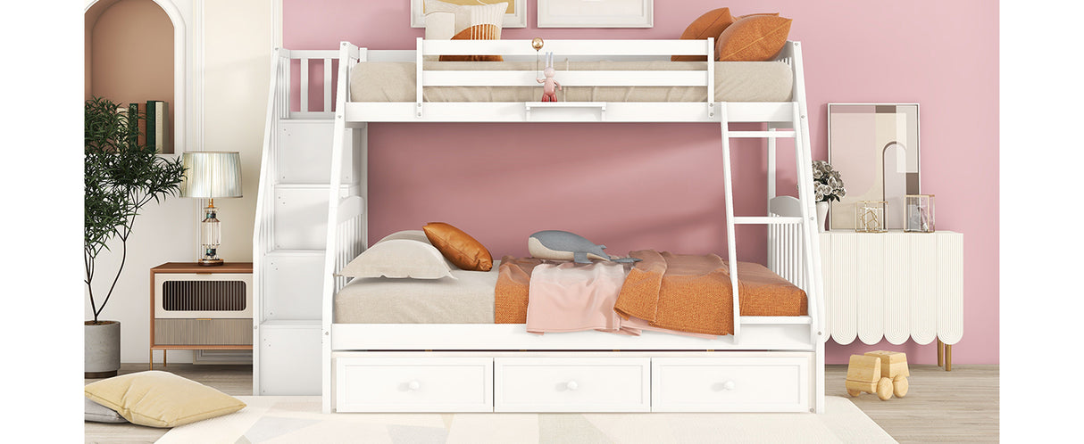 Twin-Over-Full Bunk Bed with Drawers，Ladder and Storage Staircase, White - Home Elegance USA