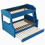 Twin over Full Upholstered Bunk Bed with Trundle and Ladder,Tufted Button Design,Blue - Home Elegance USA
