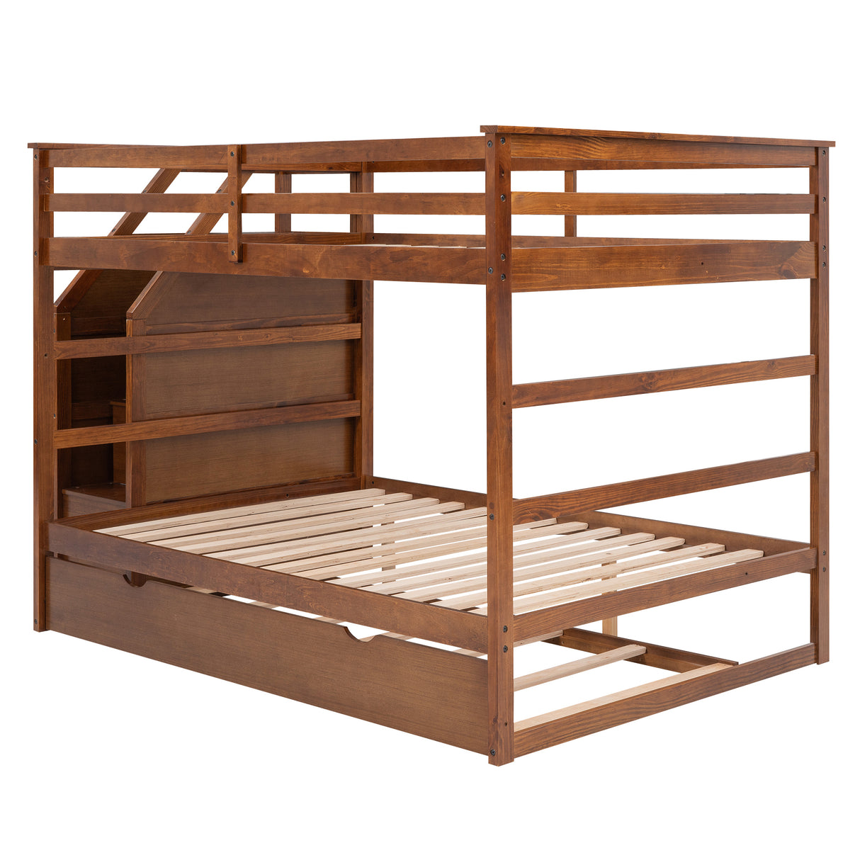 Full-over-Full Bunk Bed with Twin Size Trundle and 3 Storage Stairs,Walnut - Home Elegance USA