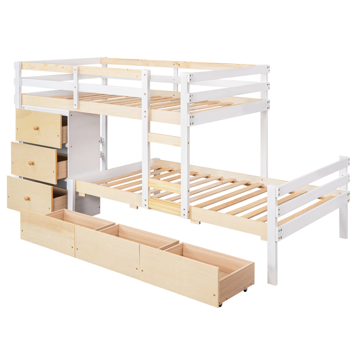 Twin over Twin Loft Bunk Bed with Drawers and Ladder, Natural - Home Elegance USA