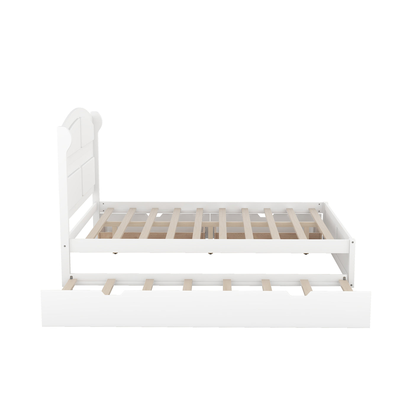 Wood Queen Size Platform Bed with Twin Size Trundle and 2 Drawers, White(Expected Arrival Time: 9.2)