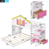 Twin over Full House Bunk Bed with Pink Staircase and Drawer,  Shelves Under the Staircase, House Shaped Bed with Windows, White - Home Elegance USA