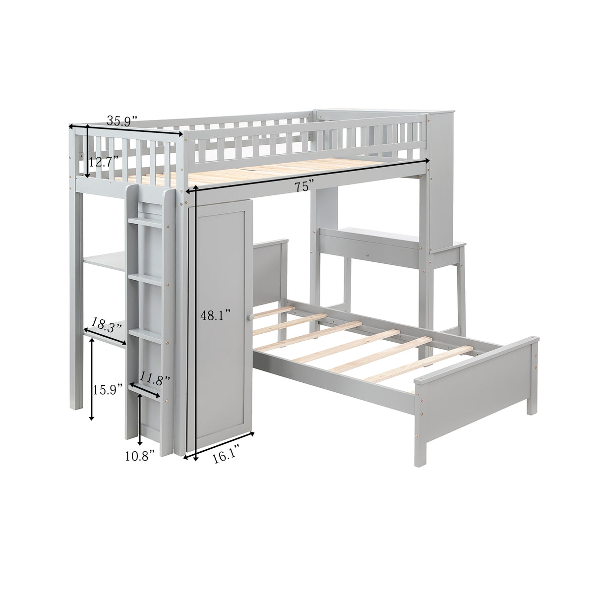 Twin Size Loft Bed with Closet and Desk, Extra Bottom Twin Bed, Grey - Home Elegance USA